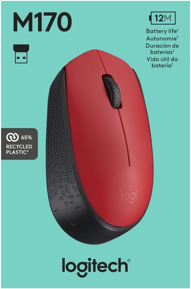 Logitech M170 Wireless Mouse for PC, Mac, Laptop, 2.4 GHz with USB Mini Receiver, Optical Tracking, 12-Months Battery Life, Ambidextrous - Red