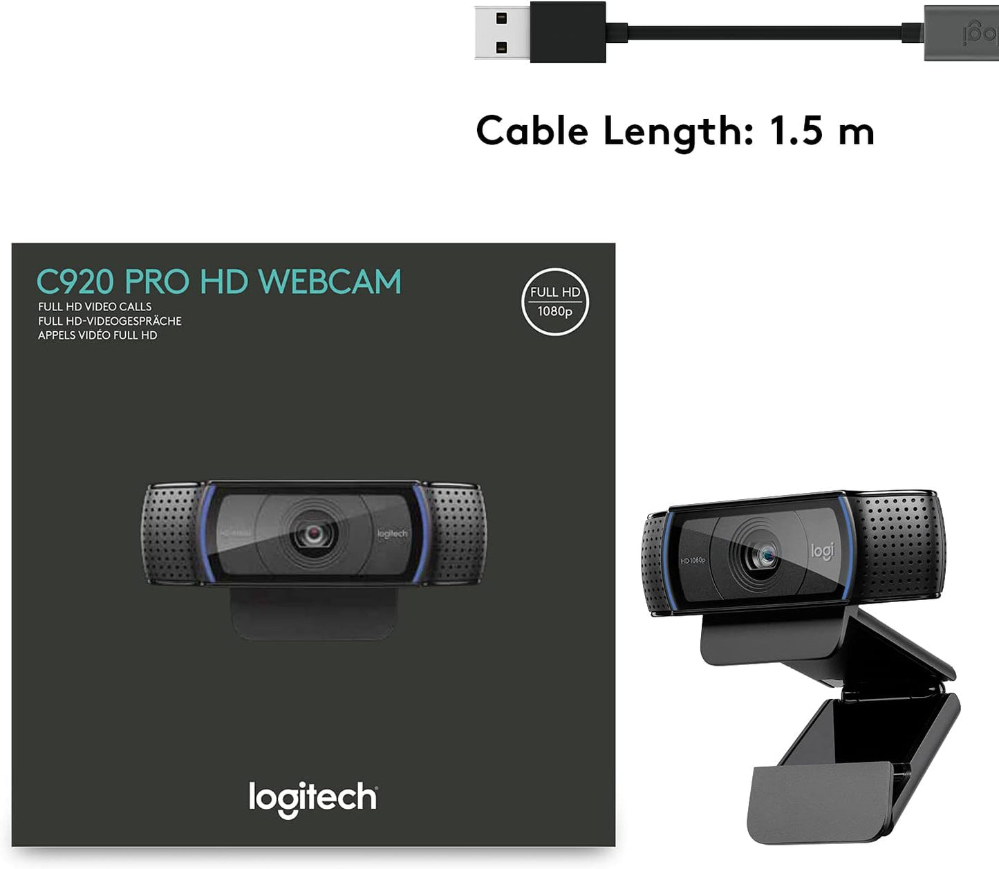 Logitech HD Pro Webcam C920, 1080p Widescreen Video Calling and Recording