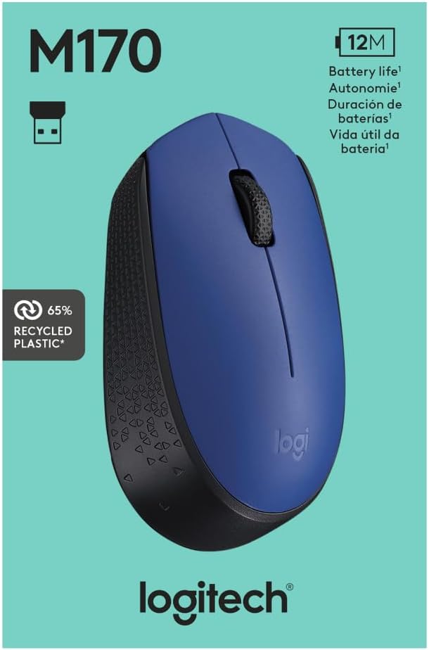 Logitech M170 Wireless Mouse for PC, Mac, Laptop, 2.4 GHz with USB Mini Receiver, Optical Tracking, 12-Months Battery Life, Ambidextrous - Blue