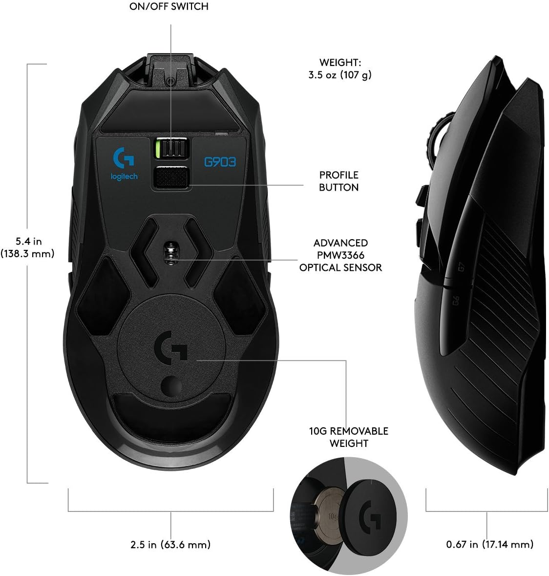 Logitech G903 LIGHTSPEED Gaming Mouse with POWERPLAY Wireless Charging Compatibility