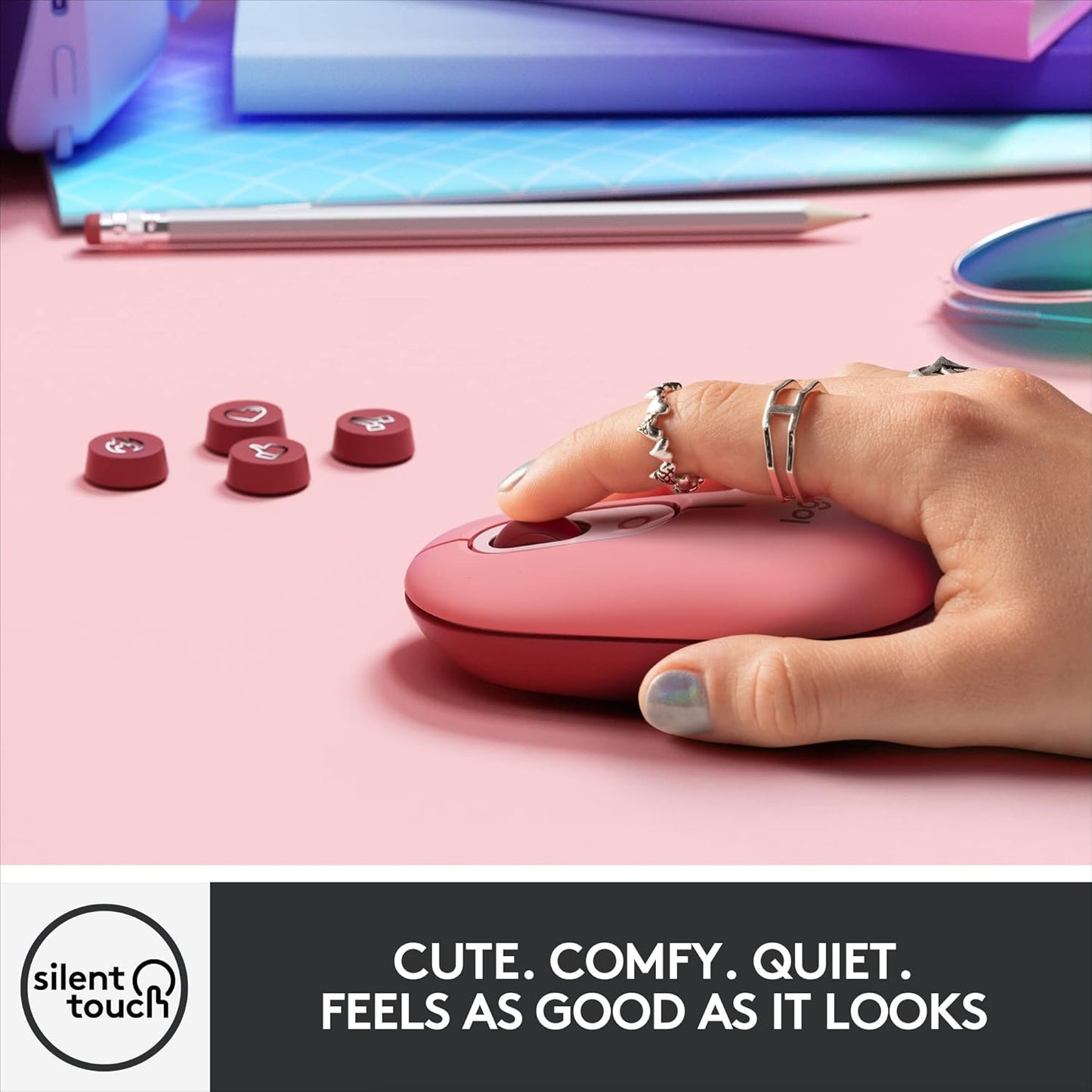 Logitech POP Mouse, Wireless Mouse with Customizable Emojis, SilentTouch Technology, Precision/Speed Scroll, Compact Design, Bluetooth, Multi-Device, OS Compatible - Heartbreaker Rose