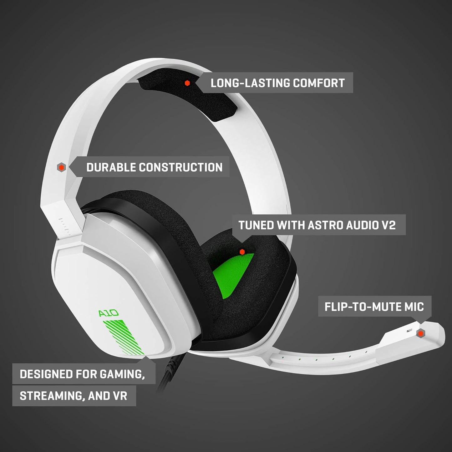 ASTRO Gaming A10 Wired Gaming Headset, Lightweight and Damage Resistant, ASTRO, 3.5 mm Audio Jack, for Xbox Series X|S, Xbox One, PS5, PS4, Nintendo Switch, PC, Mac- White/Green