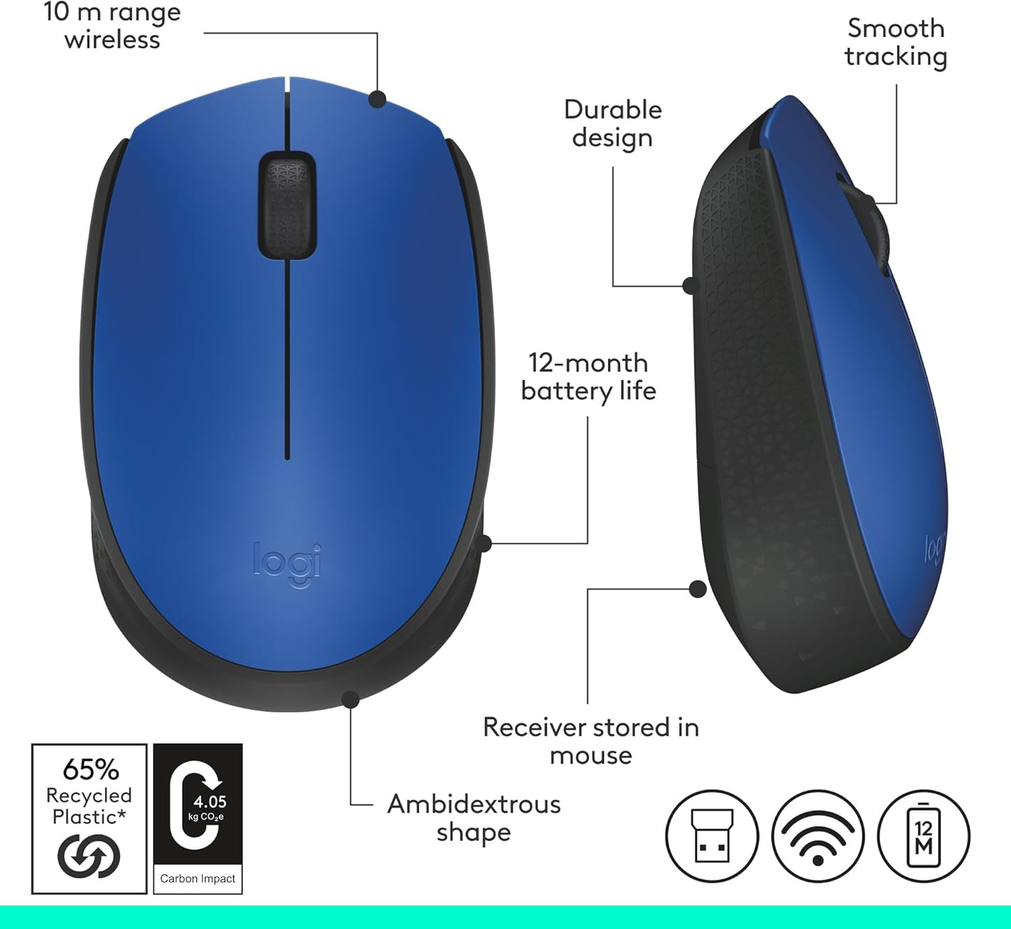Logitech M170 Wireless Mouse for PC, Mac, Laptop, 2.4 GHz with USB Mini Receiver, Optical Tracking, 12-Months Battery Life, Ambidextrous - Blue