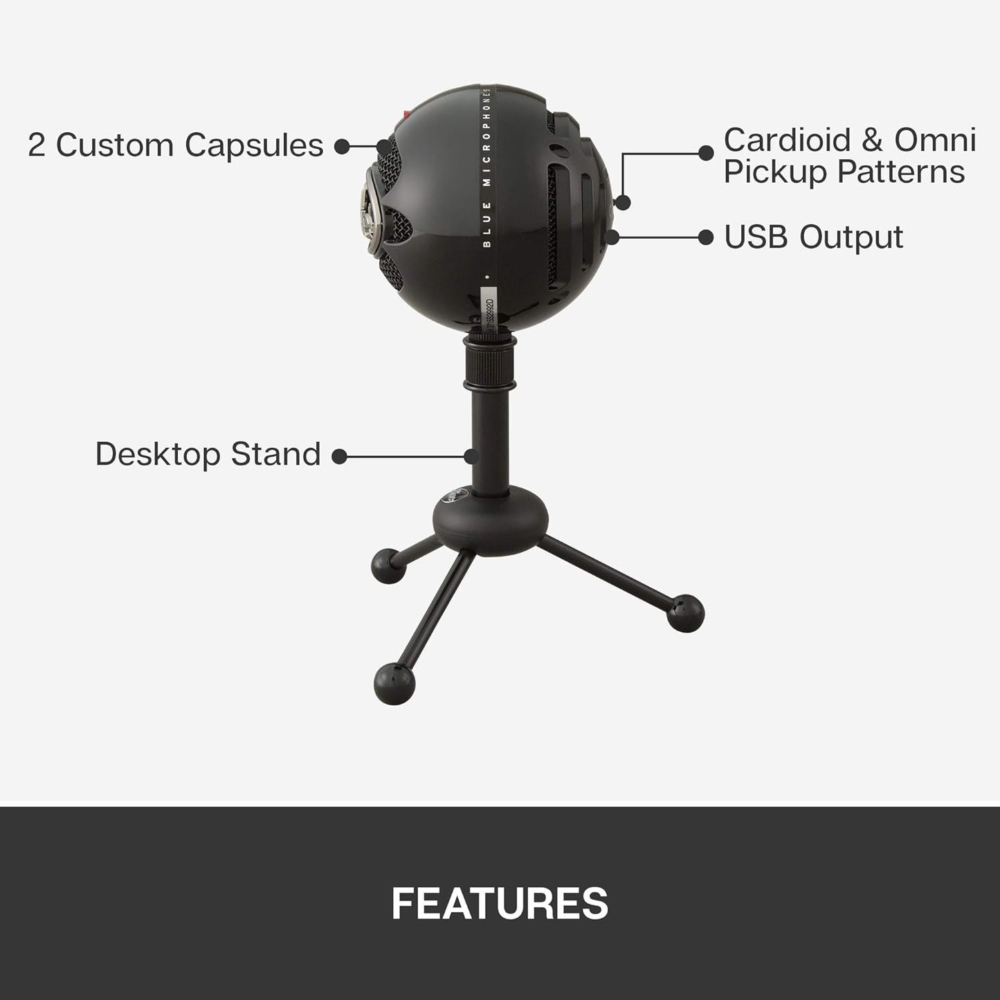 Blue Snowball USB Microphone for PC, Mac, Gaming, Recording, Streaming, Podcasting, Condenser Mic with Cardioid and Omnidirectional Pickup Patterns, Stylish Retro Design – Black
