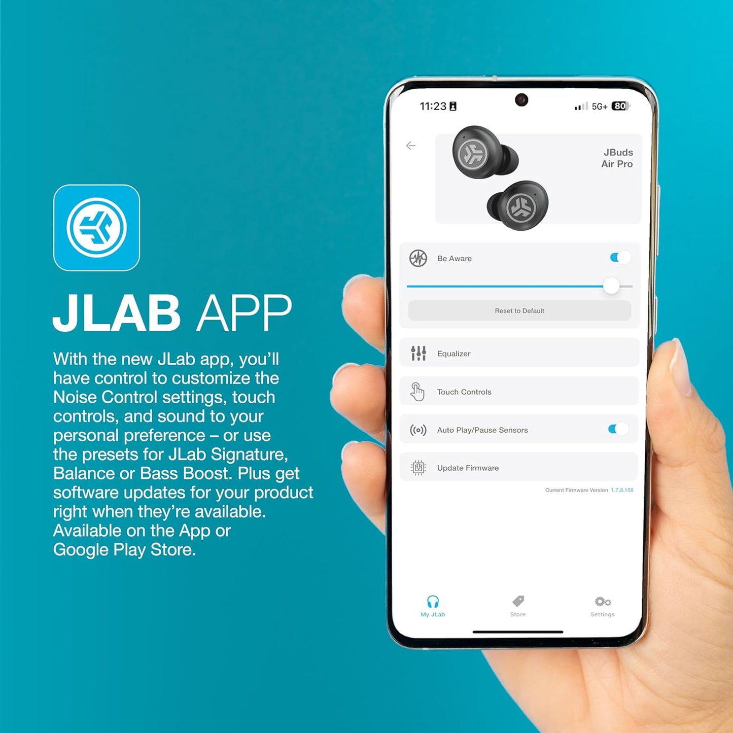 JLab JBuds Air Pro True Wireless Earbuds, Black, Bluetooth Multipoint, Auto Play & Pause, Dual Connect, IP55 Sweat & Dust Resistance, Be Aware Audio for Safety, Custom 3 EQ Sound Settings