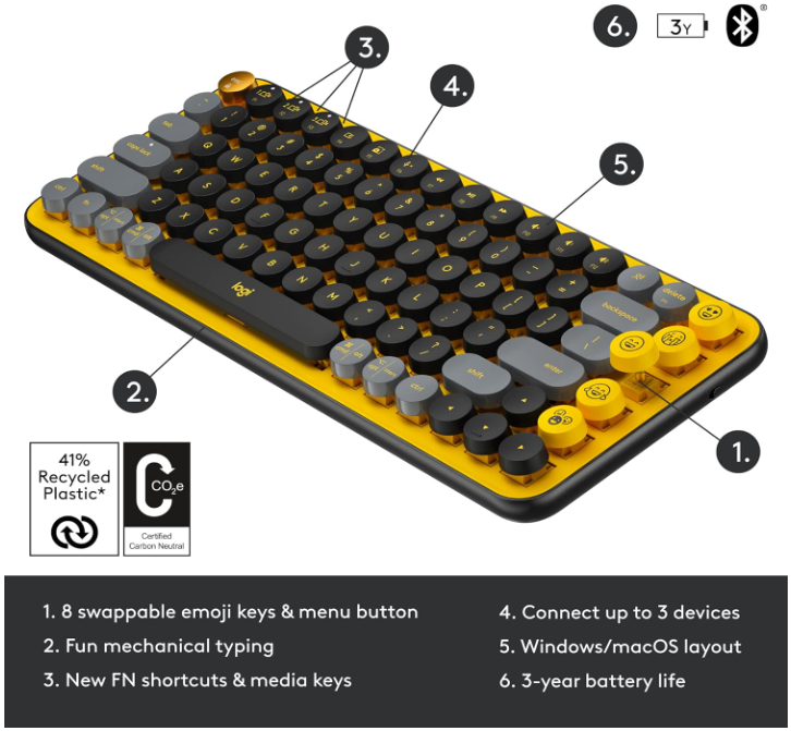 Logitech POP Keys Mechanical Wireless Keyboard  - Blast Yellow